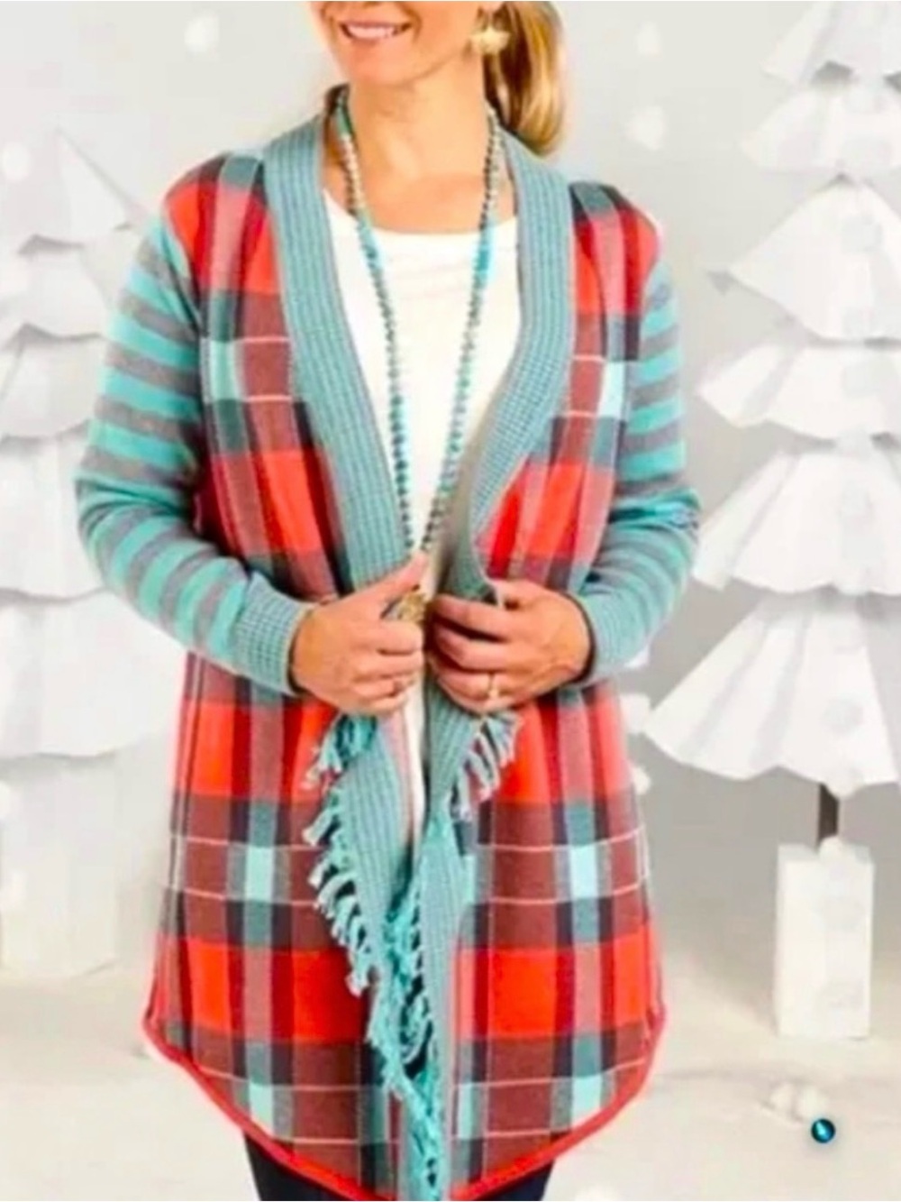 Matilda Jane Turquoise & Red Plaid Fringe Open-Front Cardigan - XL